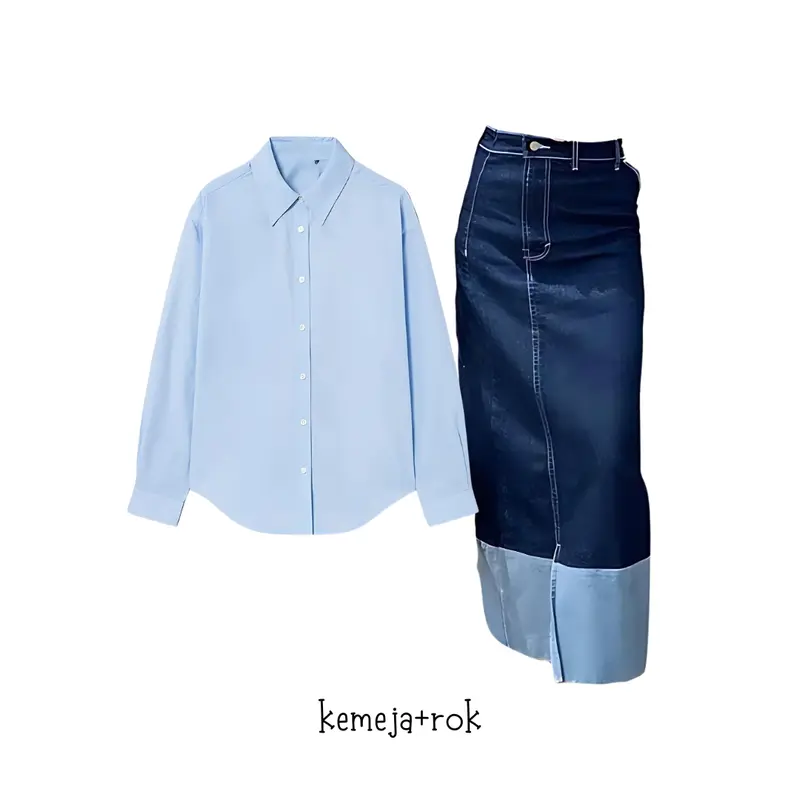 oneset 3in1 kemeja polos biru rok jeans 2 warna jilbab bella | perempuan wanita cewek ootd hijab casual hangout pantai piknik kuliah korean style HK155 2