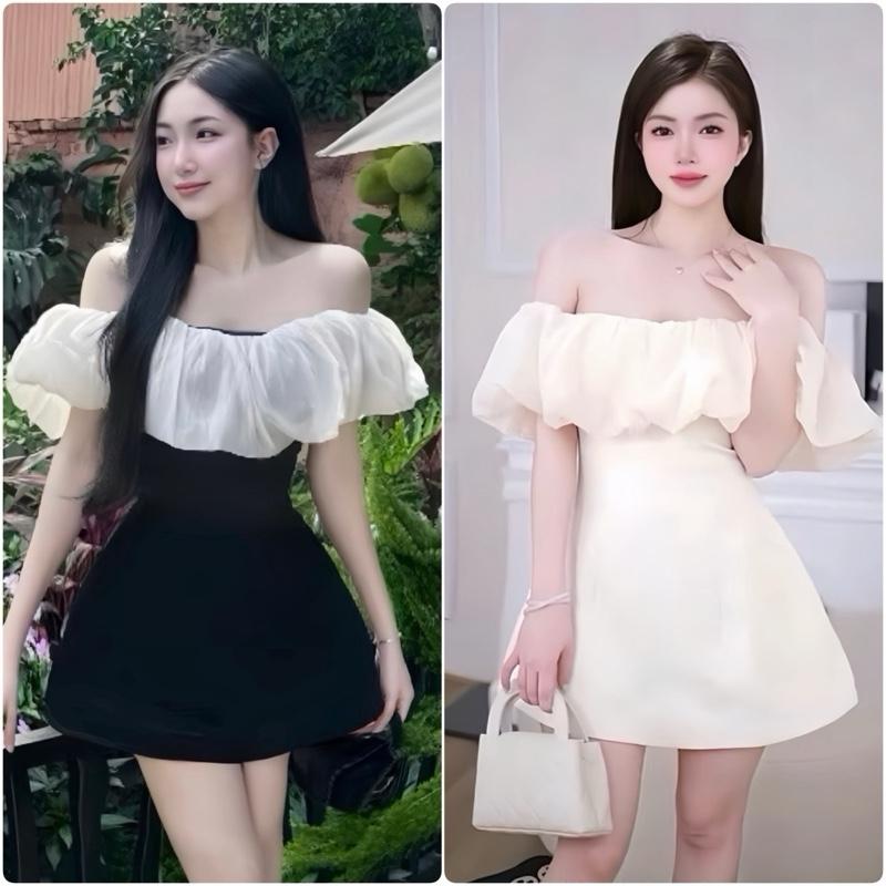 Váy Trễ Vai Phối Tơ Sống Chất Kaki Hàn 2 Lớp Có Quần Trong 