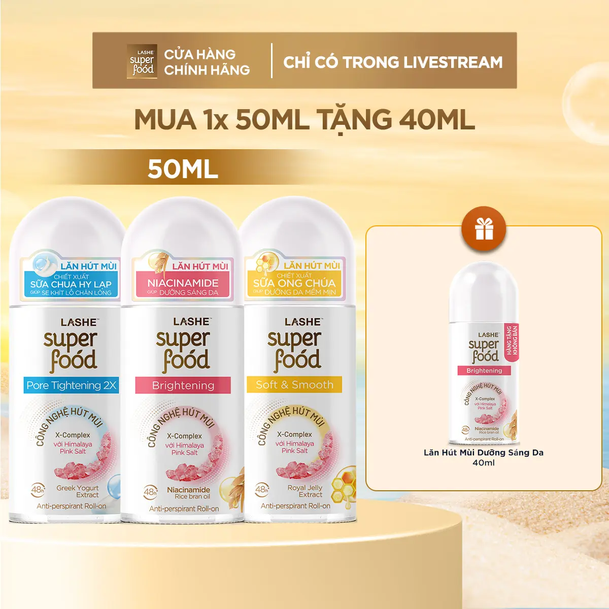 Combo Lăn Hút Mùi LASHE SUPERFOOD Dưỡng Sáng Da/Dưỡng Da Mềm Mịn/Se Khít Lỗ Chân Lông 50ML + Tặng Lăn Hút Mùi LASHE SUPERFOOD Dưỡng Sáng Da 40ML