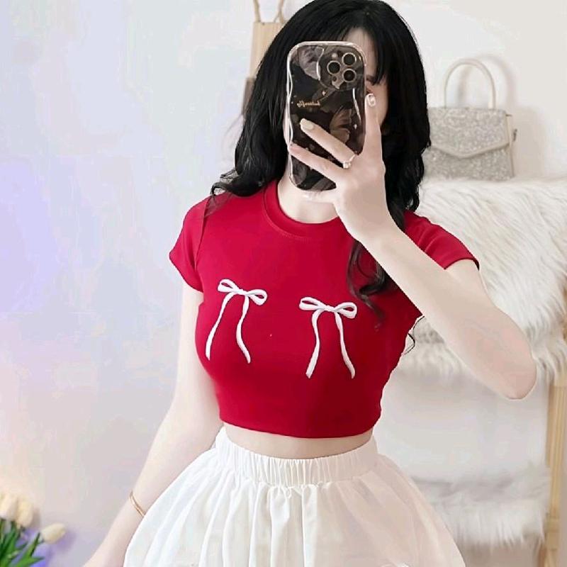 COmbo 2 Áo Thun Croptop Borip Ôm Body Nữ Form Basic Cổ Tròn Tay Ngắn In Hình 2 Nơ Cute - Áo Thun Nữ Xinh Dễ Thương Tôn Dáng Dễ Phối Đồ