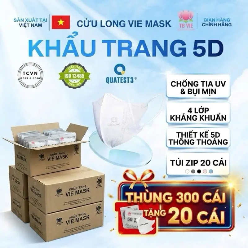 4 LỚP 300 TẶNG 20 5D TBVIE MASK - Khẩu Trang 5D 4 Lớp Kháng Khuẩn Cửu Long -Túi Zip 20 Chiếc - Màu Sắc Đa Dạng - 1