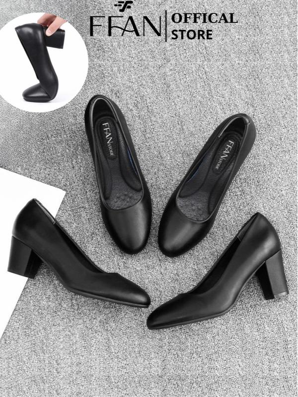 Giày tiếp viên hàng không nữ đế vuông mũi tròn [da thật] FFAN mềm mại, cao gót công sở bít mũi 1.5 3 5 7 phân big size