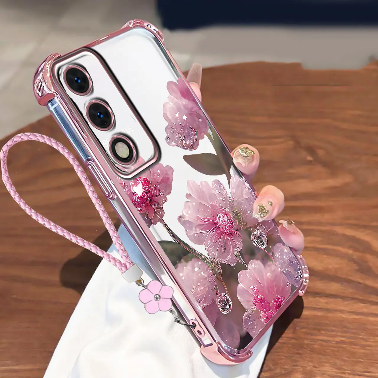 Casing For OPPO A3 Pro 5G Phone Cases Luxury Soft Silicone Four Corner Anti Fall Shockproof Phone With Lanyard Pink flowers Cover