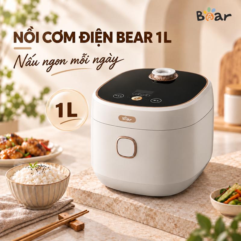 Nồi cơm điện Bear 1L nấu nhanh 22 phút, tích hợp 9 thực đơn nấu tiện lợi và hẹn giờ trước 12 giờ, bảng điều khiển điện tử dễ thao tác, thiết kế nhỏ gọn hiện đại, phù hợp nấu cơm và chuẩn bị bữa ăn hằng ngày cho gia đình, căn hộ noicomdien