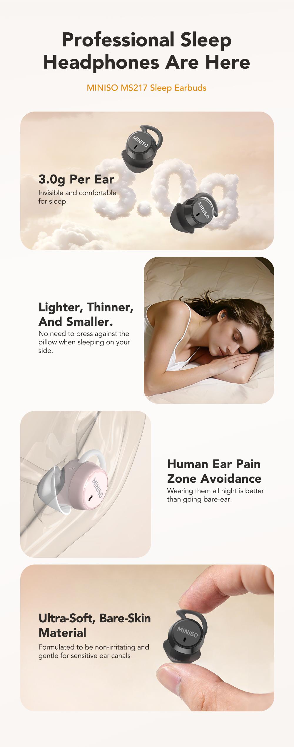 MINISO MS217 Sleep Earbuds, Comfortable, lightweight design, Bluetooth 6.0, IPX5 waterproof, HIFI sound quality, suitable for sleeping, working, studying, and voice calls | Built-in microphone | AI translation