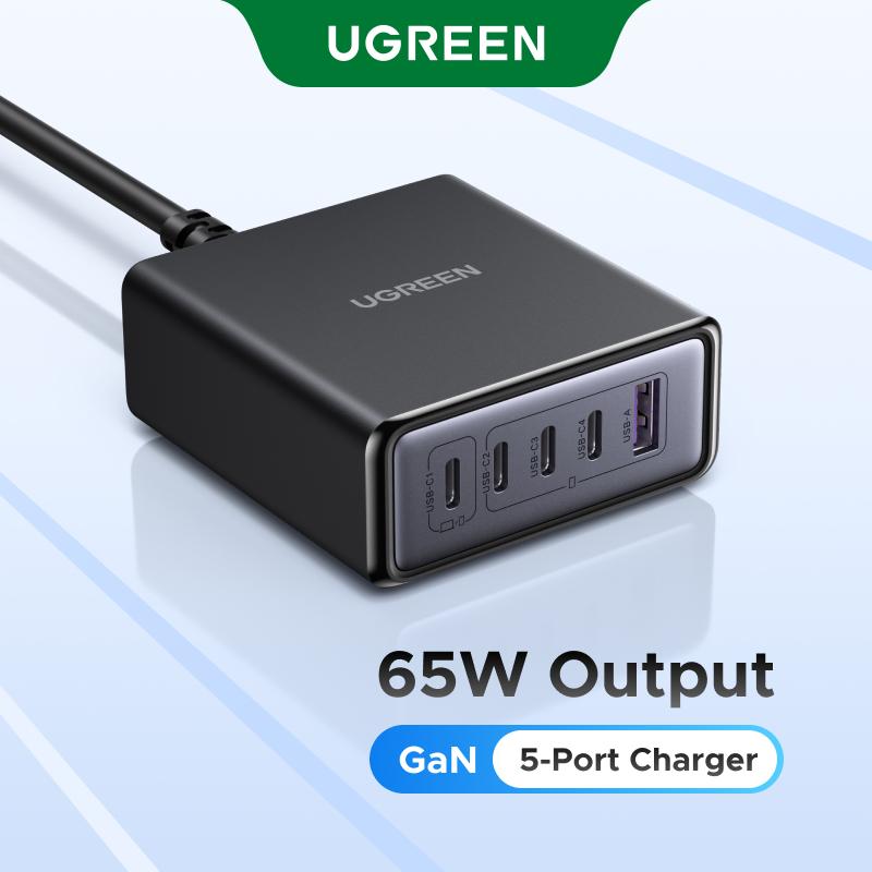 ที่ชาร์จเดสท์ท็อป, UGREEN, 5 พอร์ต, 65W GaN, 4 USB-C และ 1 USB-A, การชาร์จเร็วสุด, เข้ากันได้กับ iPh