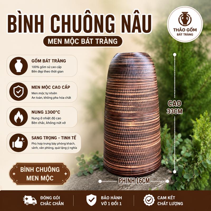 Bình Chuông Men Nâu Mộc Cắm Hoa, decor, Gốm Sứ Bát Tràng
