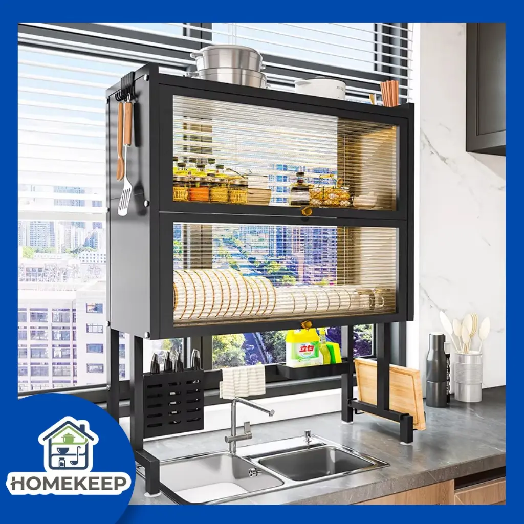 HOMEKEEP  Rak Piring Wastafel Desain Praktis & Hemat Ruang, Rak Stainless Steel 2 Tingkat untuk Dapur Modern