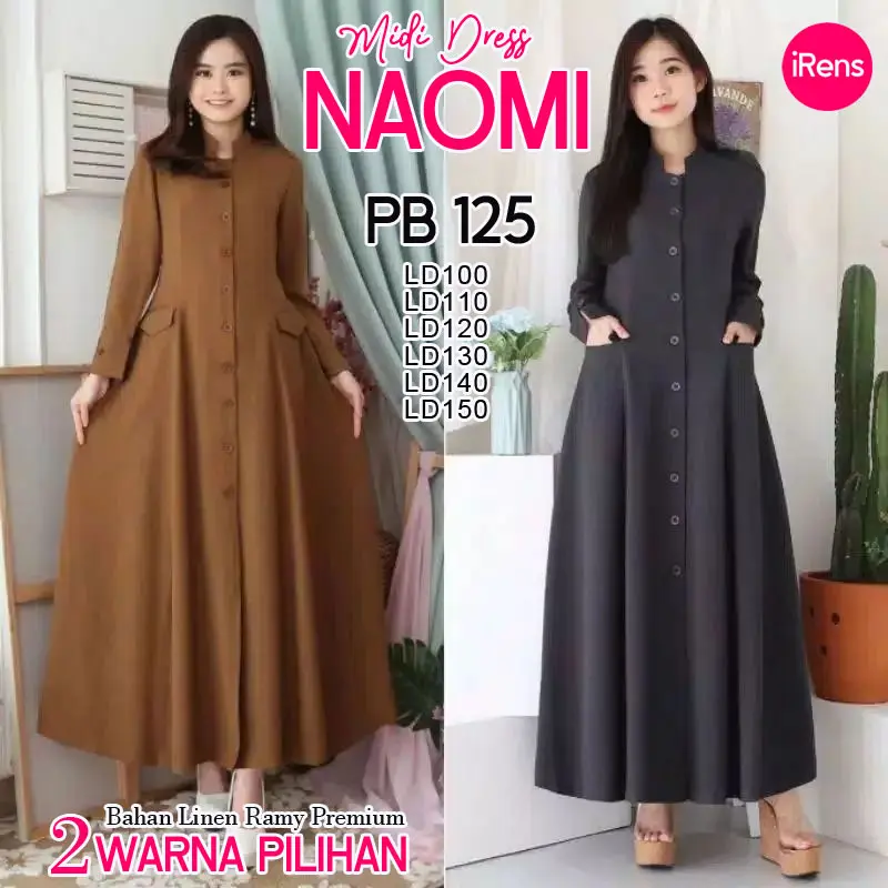 Midi Dress Naomi Linen Ramy Premium Sangat Nyaman Busui Casual cocok untuk ke Kantor dengan Kancing Bagian Depan bikin tambah Cantik