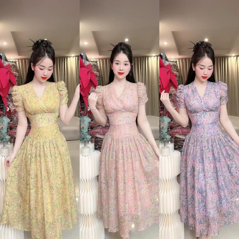 C117 Đầm hoa thiết kế form xoè cổ V eo cách điệu váy đi dự đáam cưới đầm dự tiệc sang chảnh váy đi tiệc đi làm đi chơi đều đẹp by Thương Lê C117
