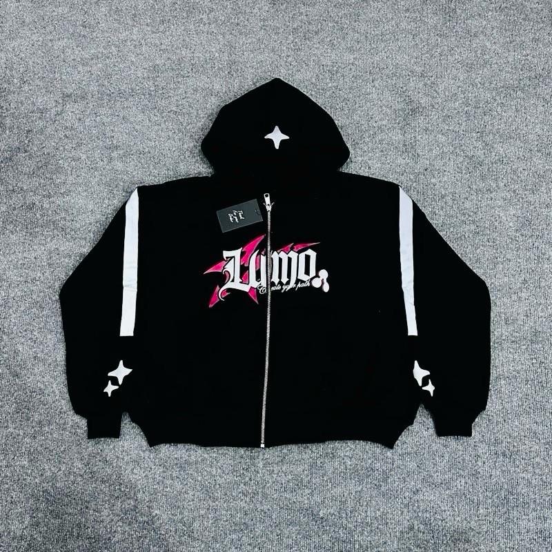 HOODIE BOXY Menyala ZipperJAKET ZIPPER BOXY SABLON FOAMING DAN AKSEN MENYALA BLACK PING PRIA WANITA Unisex Hitam Sweater Santai 0