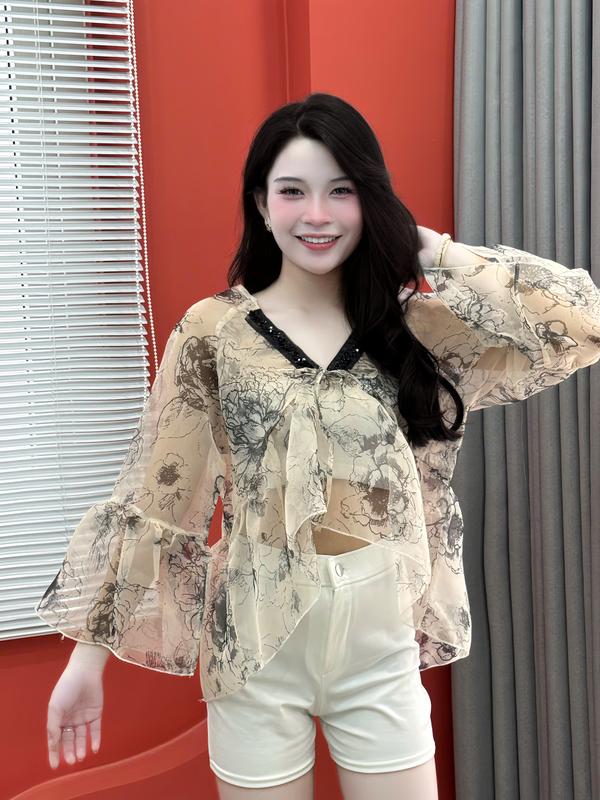 A126 - Áo Kiểu nữ (xuyên thấu) cổ V đính kết kim sa điệu đà chất Voan tơ loang sang chảnh form Babydoll (không kèm áo trong)