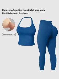 Conjunto deportivo sencillo para mujer: top deportivo tipo halter sin espalda y pantalón ajustado de cintura alta, ideal para gimnasio, yoga y actividades al aire libre