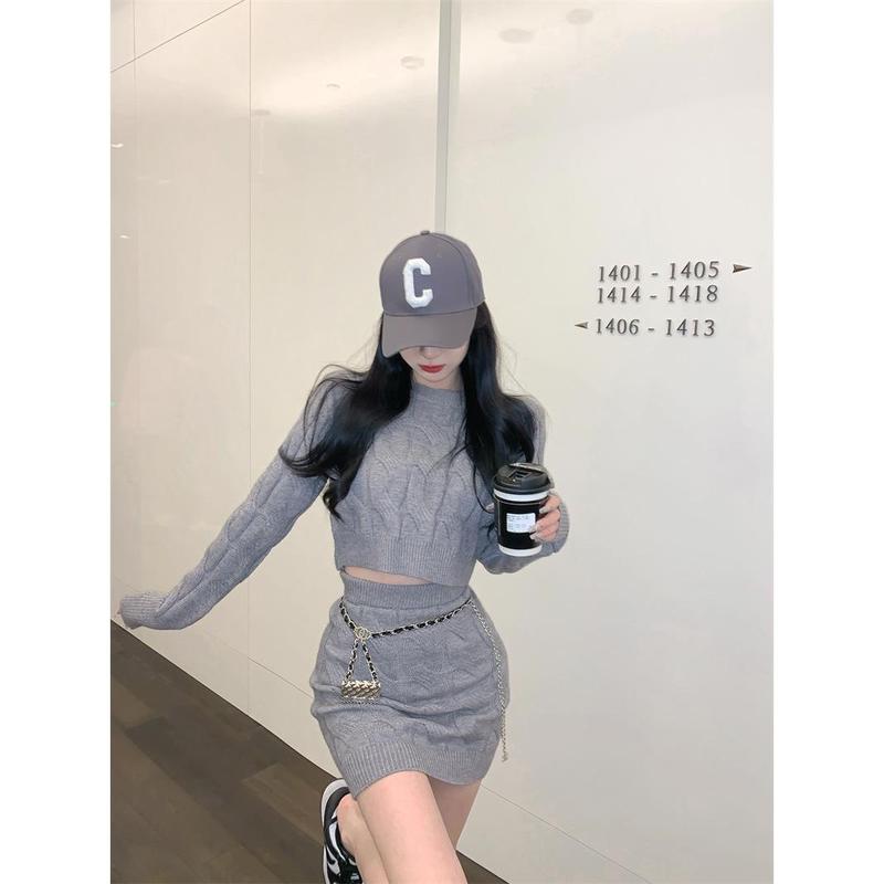 Bộ Đồ Người Nổi Tiếng Trên Internet Cho Nữ, Áo Len Dệt Kim Cùng Phong Cách, Dáng Ôm, Dày Dặn, Dài Tay, Xoắn, Eo Cao, Váy Bodycon, Bộ Hai Mảnh, Thu / Đông