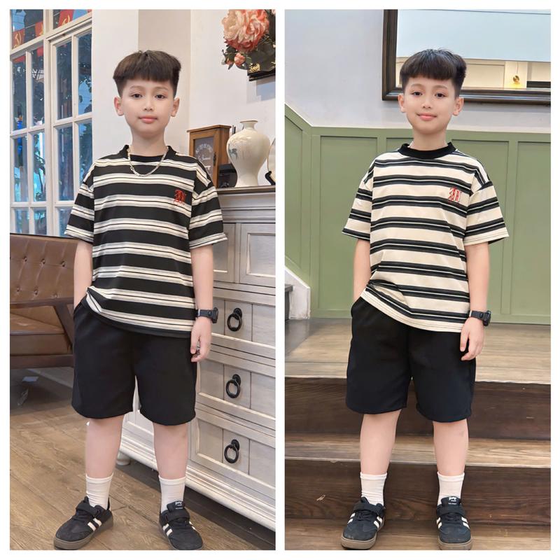Bộ quần áo cho bé trai thun kẻ cotton và quần kaki fom dáng trẻ trung phong cách HÀN thoải mái, thoáng mát mềm mại co giãn từ 15-53kg