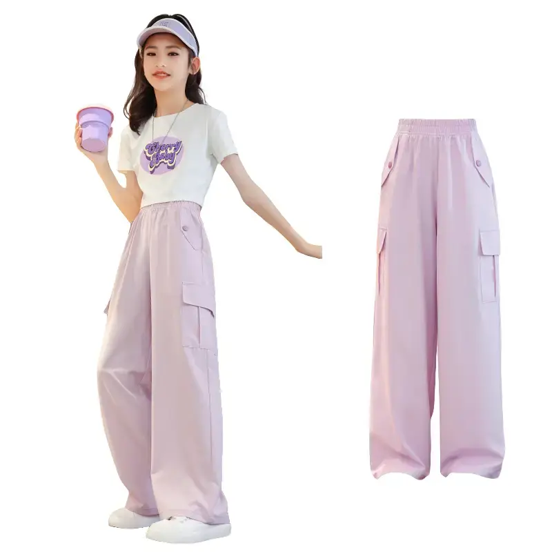 Summer Pants Wide Leg for Kids Girls 7-16 Years Old Loose Pants  4 Pocket Ice Silk Teens Trousers Elasticated Pants Pants Korean Style Candy Pants