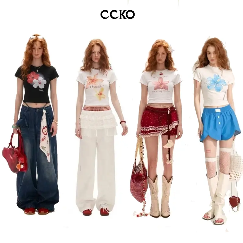 CCKO พร้อมจัดส่งในไทย  เสื้อยืนbaby tee เสื้อเบบี้ทีลายวน เสื้อครอปท็อป แขนสั้น พิมพ์ลายหัวจ ผู้หญิง Lady Clothing Tshirt Women tgat