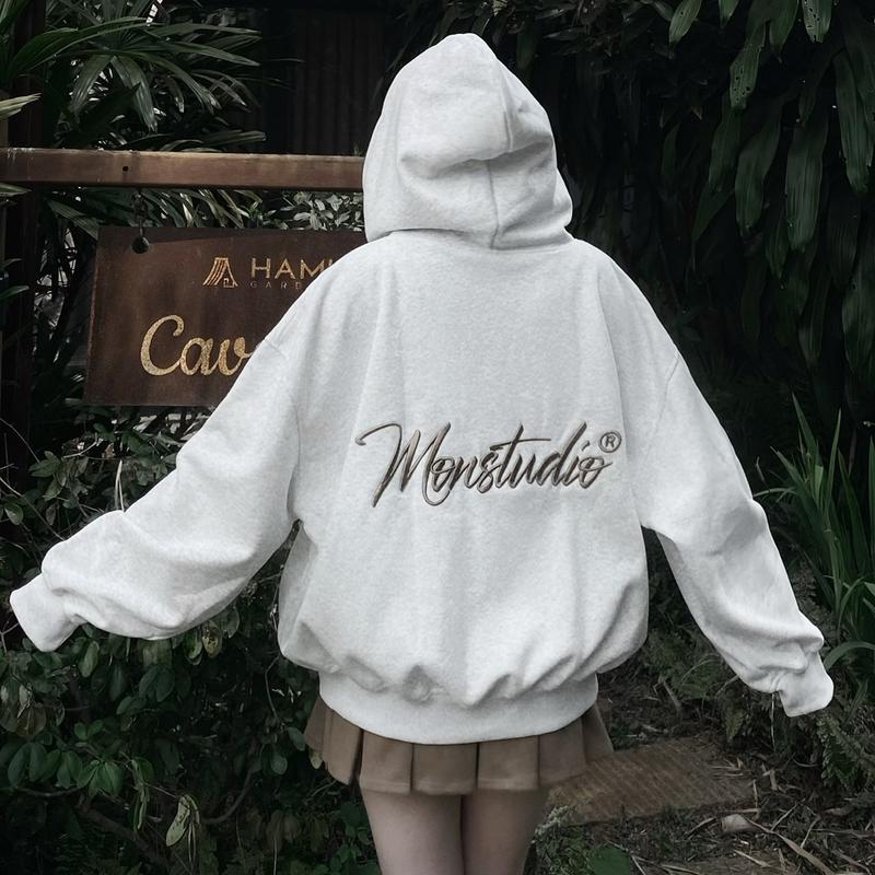 Áo Khoác Hoodie Zip Thu Đông Mon Studio THÊU NỔI 3D MON STUDIO Vải Nỉ Ép Form Boxy Unisex Nam Nữ Đều Mặc Được Có Túi Trong