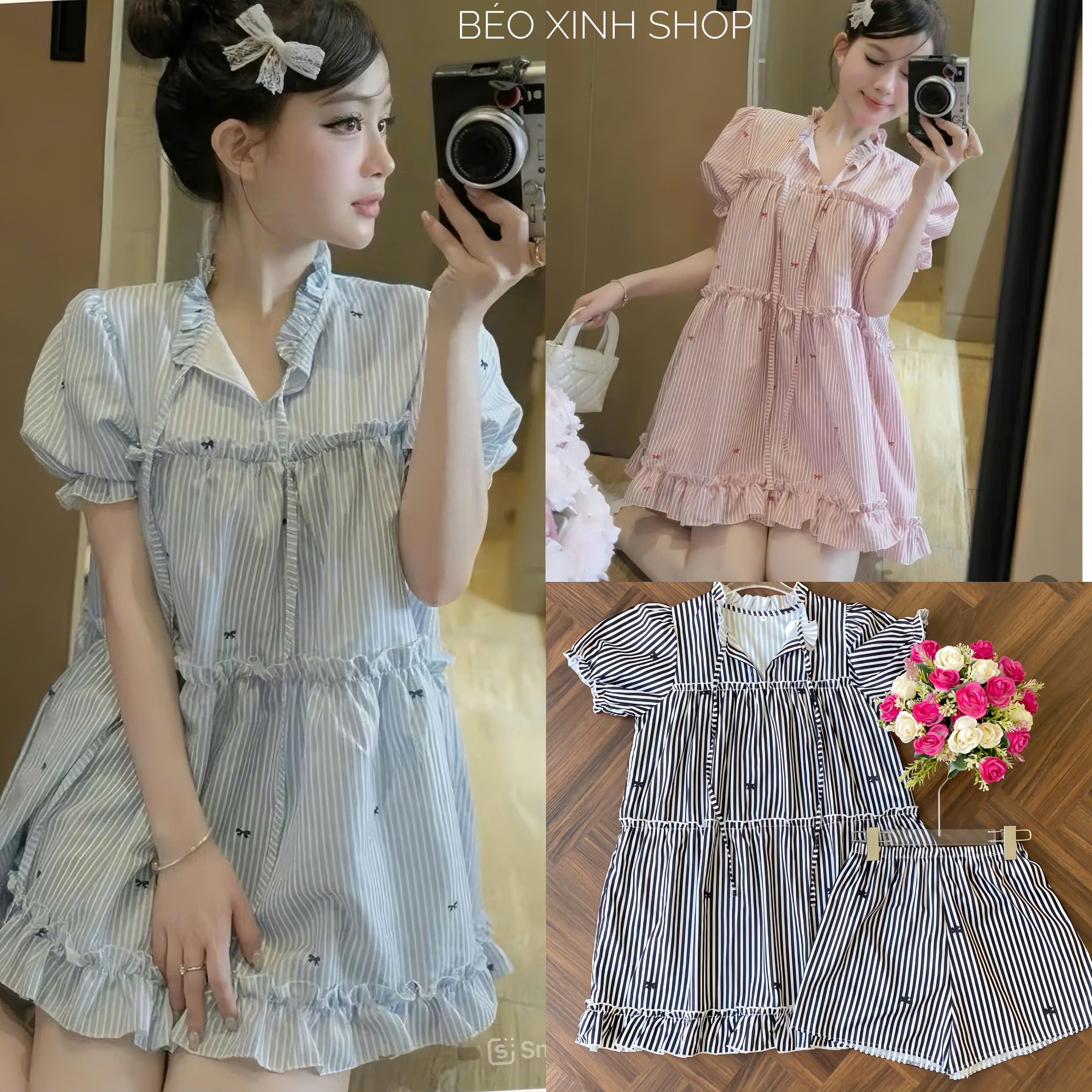 Thời Trang Bigsize Váy Dự Tiệc Nữ From Babydoll (kèm Quần Trong) Vải Kẻ Cotton Nơ Cao Cấp Thanh lịch 40 - 95 Kg Nữ Đầm Women - A.1528