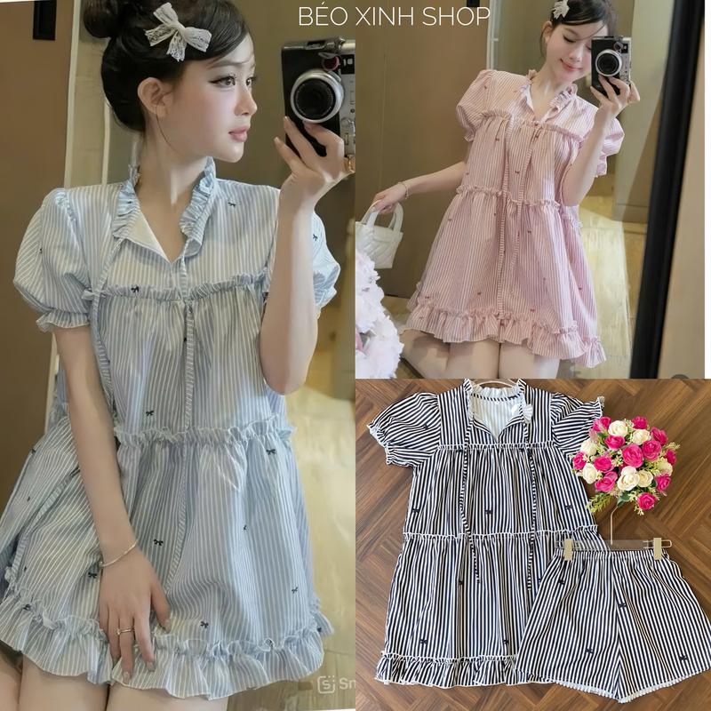  Thời Trang Bigsize Váy Dự Tiệc Nữ From Babydoll  kèm Quần Trong  Vải Kẻ Cotton Nơ Cao Cấp Thanh lịch 40 - 95 Kg Nữ Đầm Women - A.1528 
