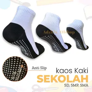 Grosir 3-6-12 Pasang Kaos Kaki Sekolah Anti Slip Ukuran SD SMP SMA - Kaos Kaki Putih Telapak Hitam Anti Slip