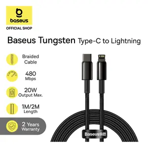 Baseus Tungsten Gold Fast Charging Kabel Data Type-C to Iphone PD 20W 1Meter/2Meter Hitam| Kabel Charging Cable Iphone Cable Charger Panjang