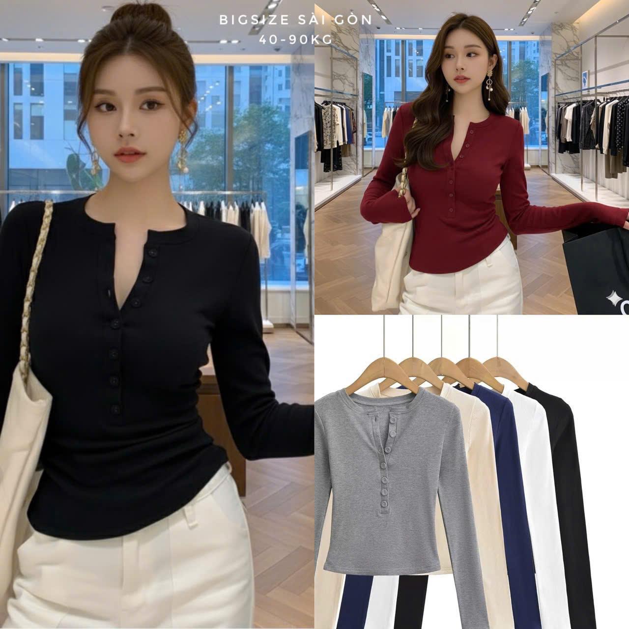 Bigsize Sài Gòn Áo Thun Nữ Tay Dài Phối Cổ Tròn Vải Thun Ruby Cao Cấp Thanh Lịch Bigsize 45–90kg Dễ Thương Nữ Women Top Nhung - B.1681