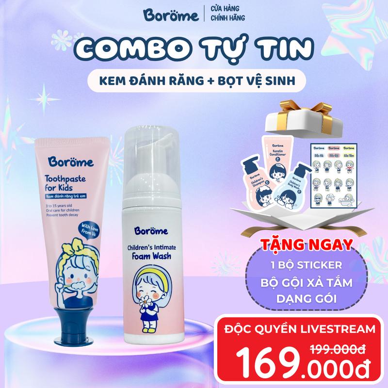    ĐỘC QUYỀN LIVESTREAM   COMBO TỰ TIN Kem đánh răng + Bọt vệ sinh trẻ em Borome + Tặng bộ gội xả tắm dạng gói 