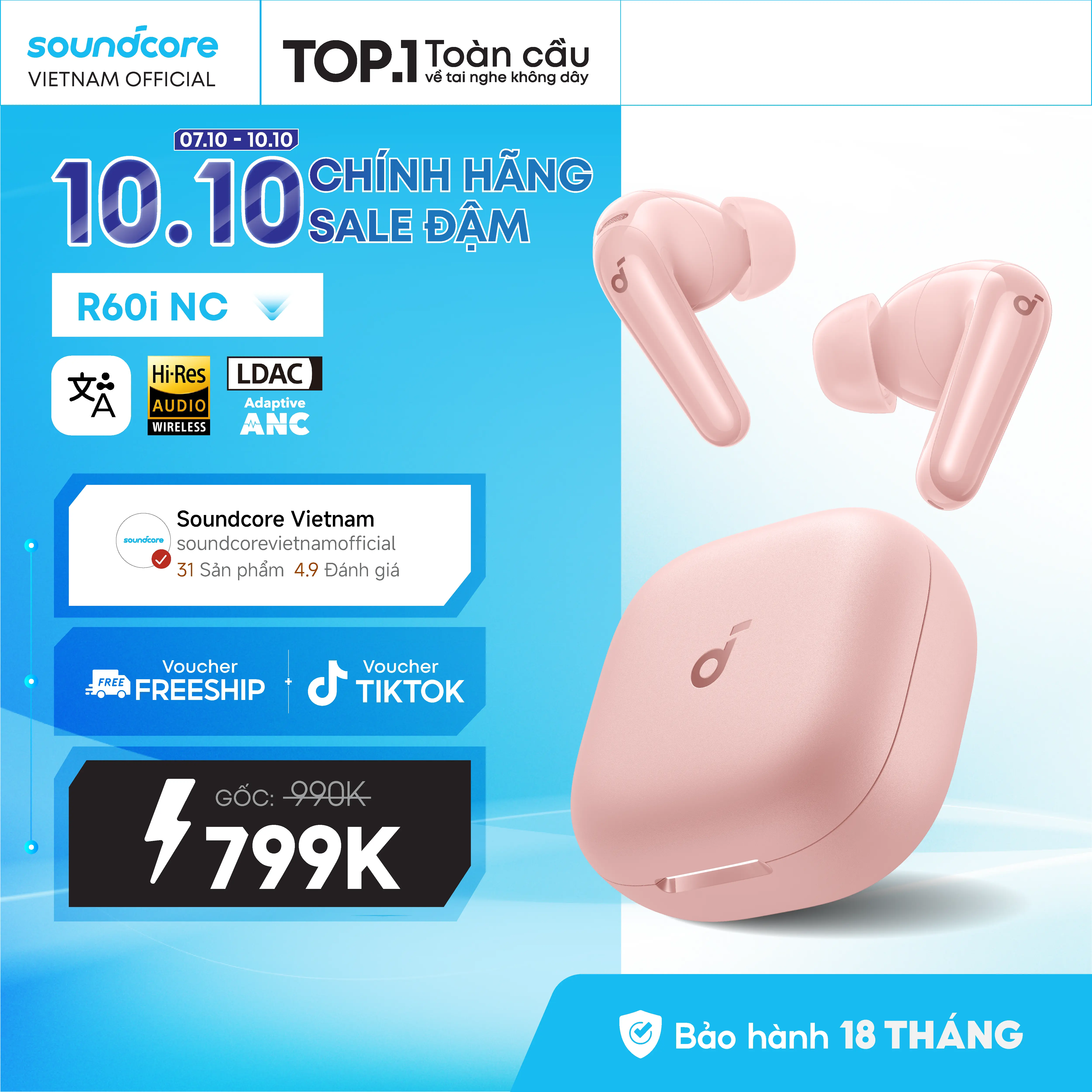 [MỚI] Tai nghe bluetooth không dây chống ồn Soundcore R60i NC chống ồn ANC | 6 Mic đàm thoại AI| Dịch thuật| 50 giờ phát nhạc- Tai nghe không dây- Tai nghe bluetooth pin trâu- Bảo hành 18 tháng- Hàng chính hãng