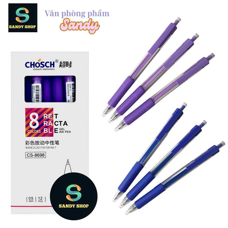  Hộp 12 cây BÚT GEL BẤM MỰC XANH TÍM CHOSCH CS-8698 but nuoc gelpen 