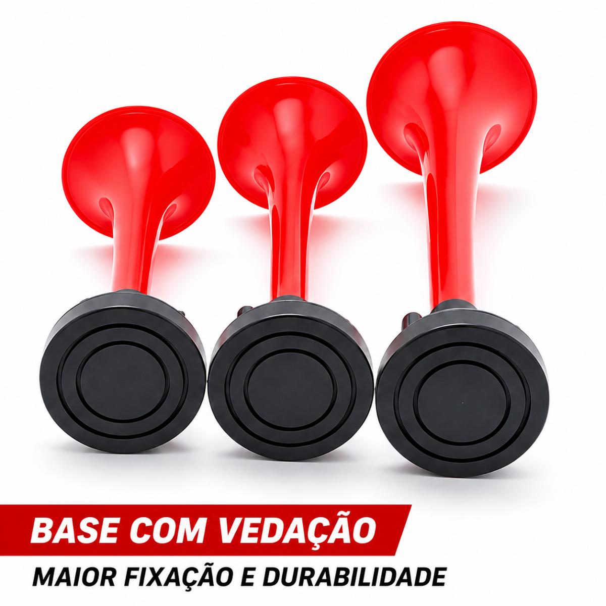 Buzina Verdureiro 3 Cornetas Vermelhas Automotiva Universal Carro Caminhão Moto Completa com Suporte Fixação Parafusos Porcas Conector Y e Mangueira de Ar Som Potente Instalação Fácil para Veículos Linha Pesada e Passeio Acessórios Inclusos — foto 3