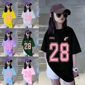 Kaos Angka 28 Pink Anak Perempuan / Kaos Anak Perempuan Lengan Pendek Baju Kaos Oversize Unisex Usia 5-13 Tahun Katun Combed 24s Sablon Printing Fashionable Cewek Tanggung Comfortable