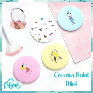 ESTENIK` Cermin Bulat Karakter Kaca Cermin Make Up Mini Kaca Travelling Motif Lucu Kaca Mini Travel Size Wanita