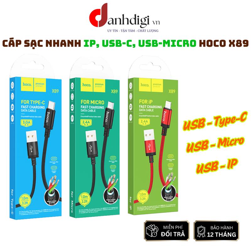 Cáp sạc nhanh iPhone/ Type-C/ Micro Hoco X89 sạc nhanh, truyền được dữ liệu, dây dù dài 1m