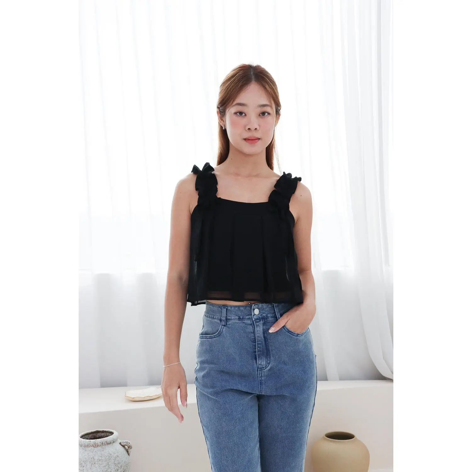 Sasha Ribbon Frills Top in Black