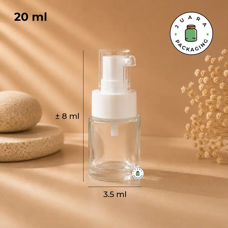 Botol Pump 20ml Kaca Bening Transparan dengan Tutup Pump – Botol Kosmetik Kaca Tebal Elegan untuk Serum, Skincare, Essence, Lotion, Wadah Refill Travel Size 20 ml