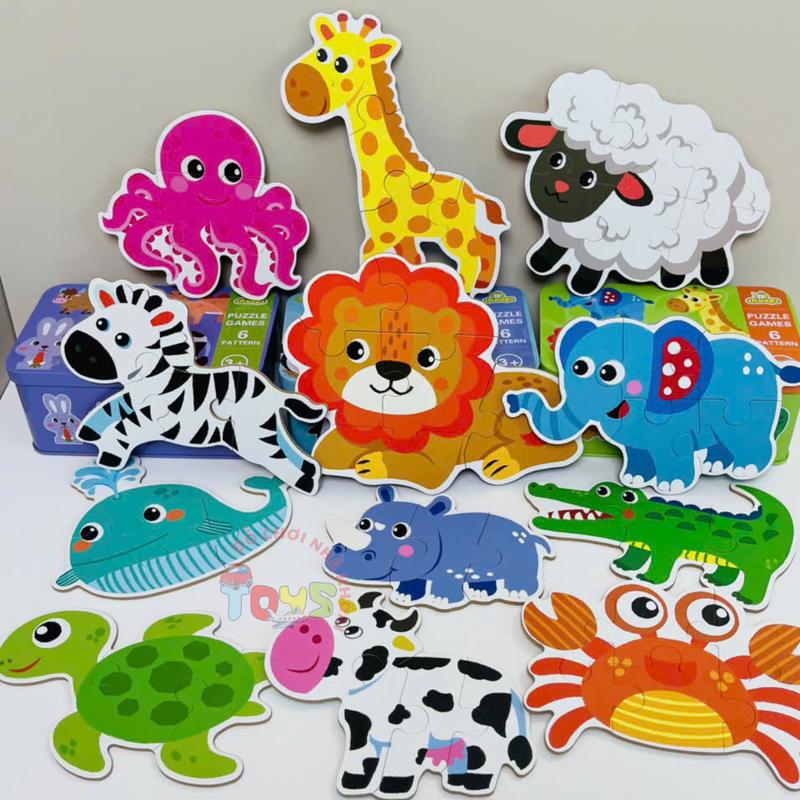 Đồ chơi  bộ tranh xếp hình, ghép hình bằng gỗ 60 mảnh puzzle có hộp thiếc cho bé - 6 tranh ghép gỗ an toàn cho bé