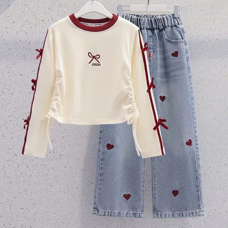 Bộ Set Áo Nỉ Nơ Tim Hai Da Mix Quần Jean Xuông Dài Hoạ Tiết Tim Cho Bé Gái - Hàng Mới Về - Hàng Việt Nam đồ thỏ