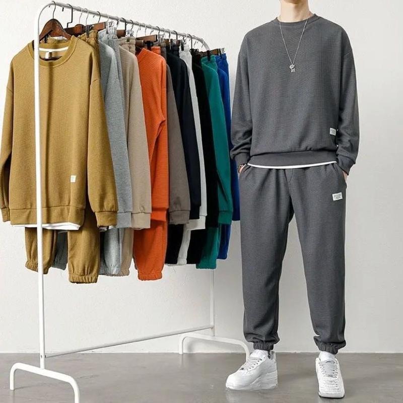 Product Introduction of Waffle Sweater Suit Loose Casual Autumn and Winter New round Neck Men's Long-Sleeved Trousers Teen Clothes 10