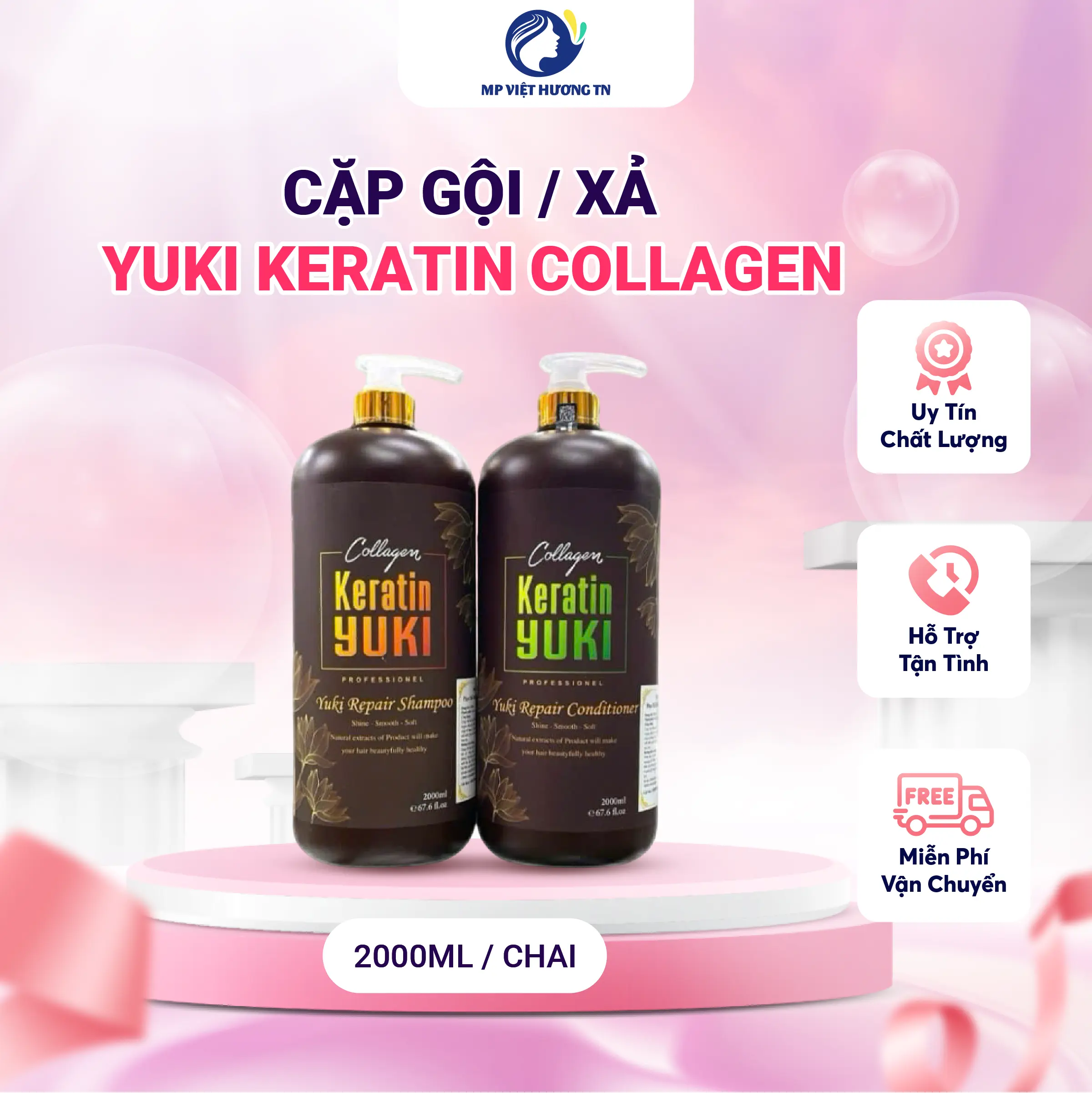 (Chai 2000ml) Cặp Dầu gội, Dầu Xả Yuki Keratin Collagen phục hồi hư tổn, giảm gãy rụng, dưỡng tóc mềm mượt, hương thơm ngọt dịu