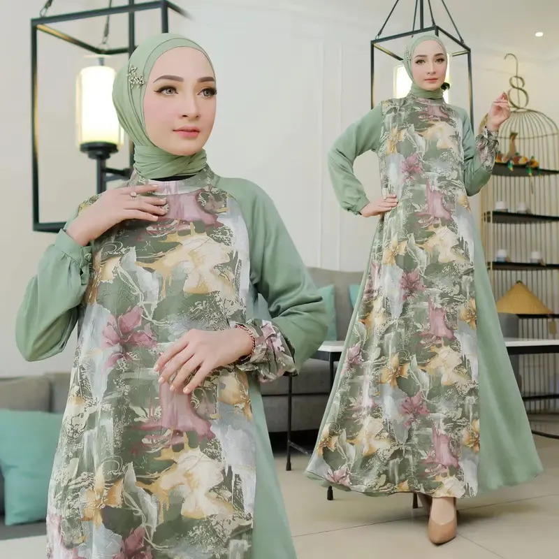 Gamis Set Hijab Motif Cuci Gudang Promosi Wanita Muslim Nyaman Dress Dewasa Lebaran 2