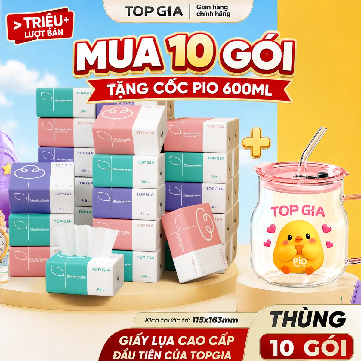 [TẶNG CỐC 600ML - LIVE ĐỘC QUYỀN] THÙNG 10 Gói Giấy 3 Màu TOPGIA chính hãng TẶNG cốc thủy tinh pio 660ml - Giấy Rút Để Bàn 4 Lớp Mềm Mịn - Giấy Ăn Cao Cấp Đạt Chuẩn Bộ Công Thương Top Gia Hà Nội VTG38