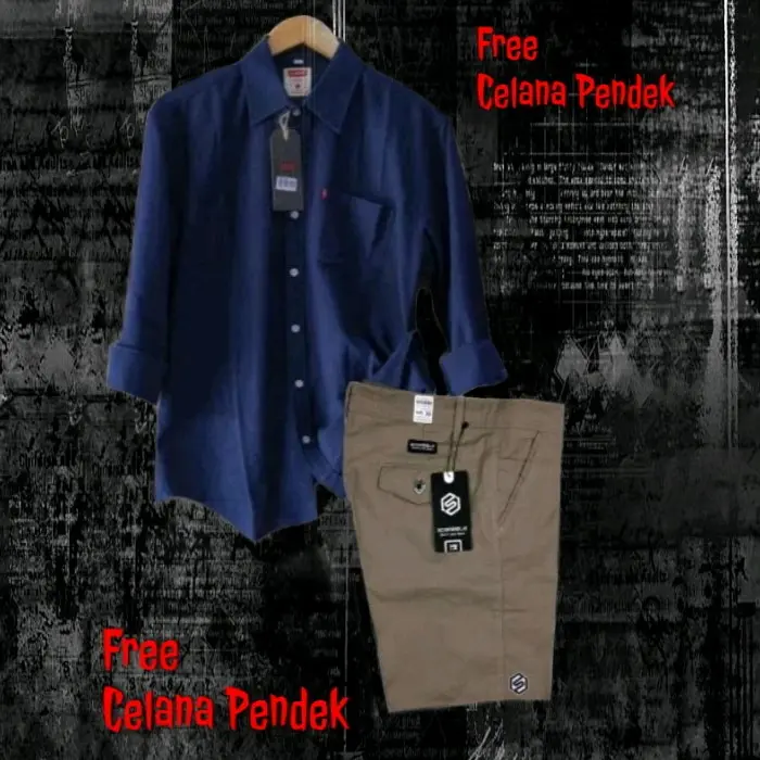 PAKET HEMAT COD Setelan Kemeja Lengan Panjang Pria Dewasa Celana Pendek Pria Dewasa Laki Laki One Set Pria Polos Lengan panjang Katun 3