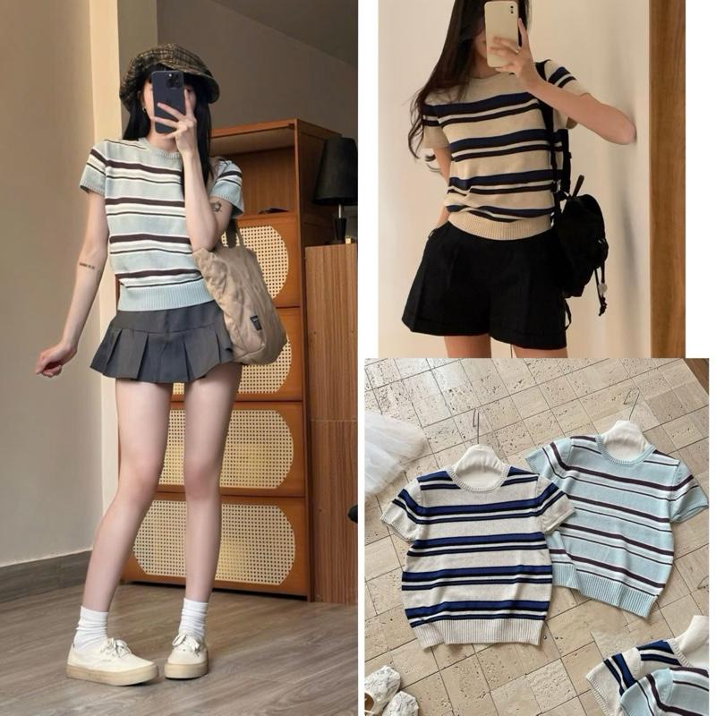 Áo Len Montoghi Nữ Cộc Tay Kẻ Sọc Form Ôm Nhẹ – Chất Len Mềm Mịn, Co Giãn, Thoáng Mát hàng QC – Style Hàn Quốc A.004