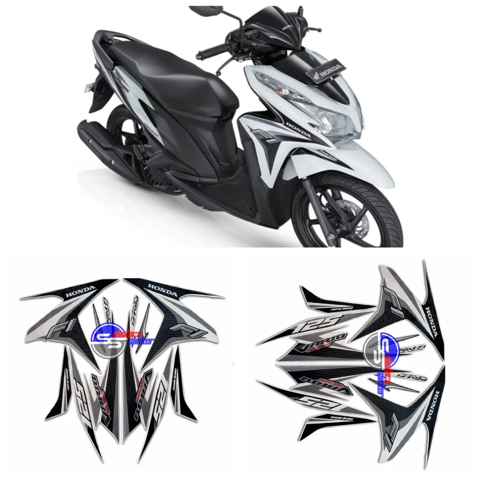 Striping Stiker Motor Honda Vario Techno / Vario KZR 125 Fi 2014 2015 Putih Abu Fullset Motorcycle