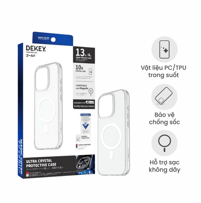 Ốp Lưng Dekey Ultra Crystal MagSafe Trong Suốt Chống Sốc, Chất Liệu PC + TPU,…
