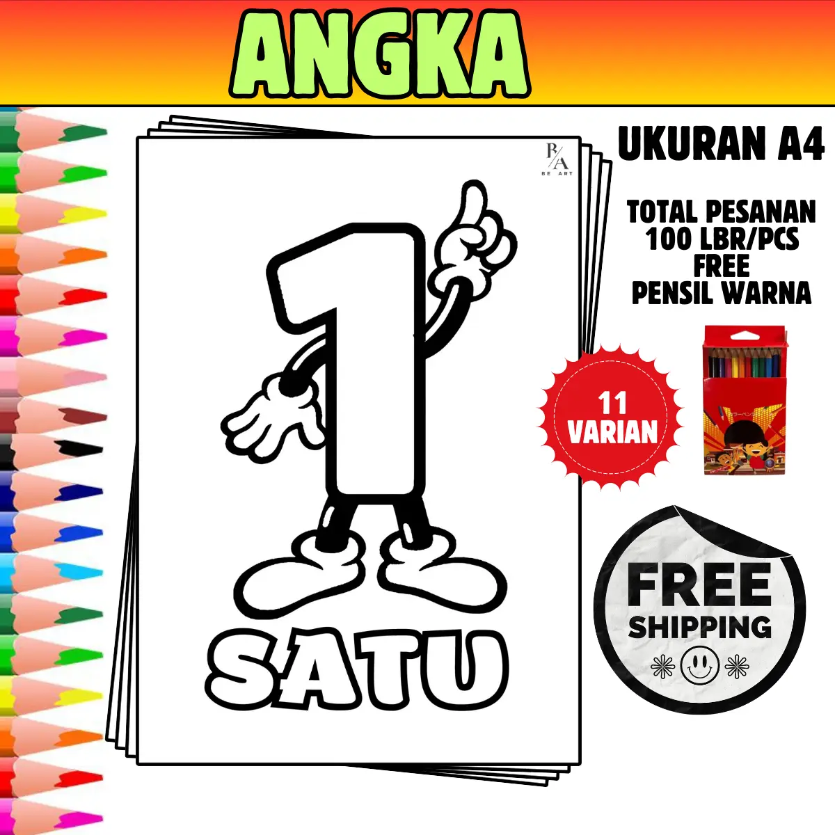 Kertas Gambar Mewarnai Anak A4 (Angka) - Mainan Anak - Toys kreatif Belajar Kotak Perempuan