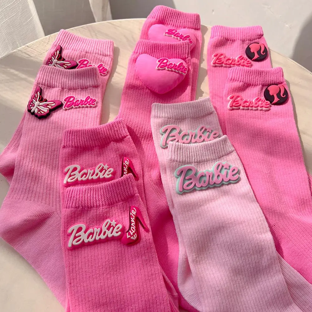 1pair Barbie Girl Socks Kawaii Cartoon Pink Sports Socks Soft Cotton Sweat Absorbing Breathable Socks
