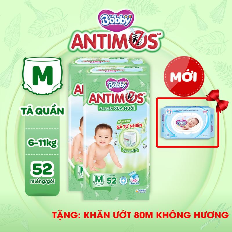 [COMBO 2-TẶNG KHĂN ƯỚT 80M] Bobby Tã Bỉm Quần Antimos Xua Muỗi (M52/ L50+2/ XL48+4/ XXL46+6 miếng) cho bé