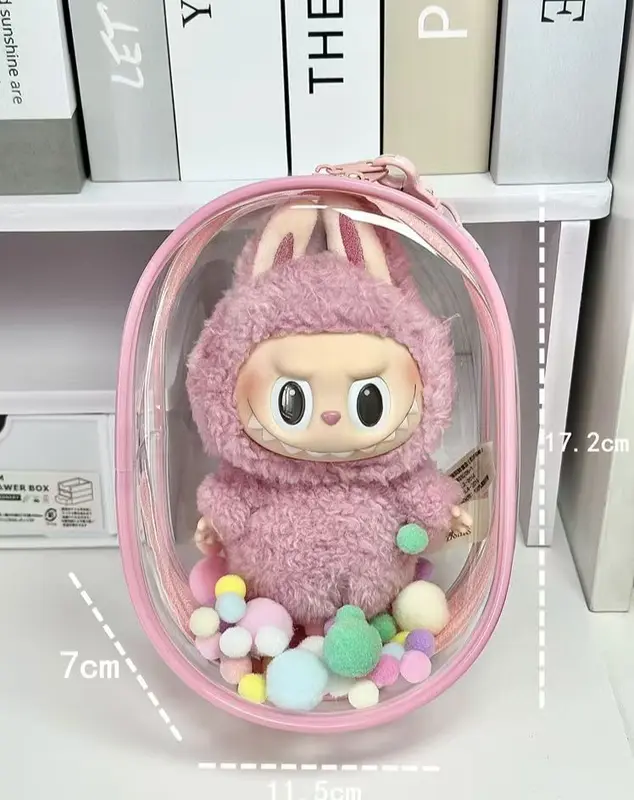 Tas penyimpanan boneka transparan Tas pelindung boneka transparan termasuk gantungan kunci dan pom pom 8
